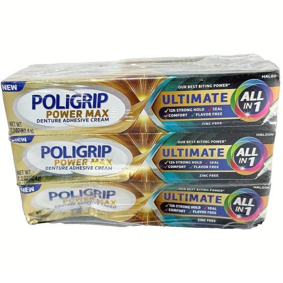6 Pack Poligrip Power Max Ultimate All n 1 Denture Adhesive Cream No Zinc2.2OZ